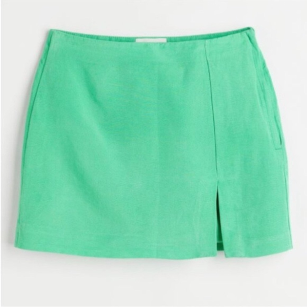NWOT H&M Linen Blend Mini Skirt Slit Green Spring Easter Size 6 Zipper Short